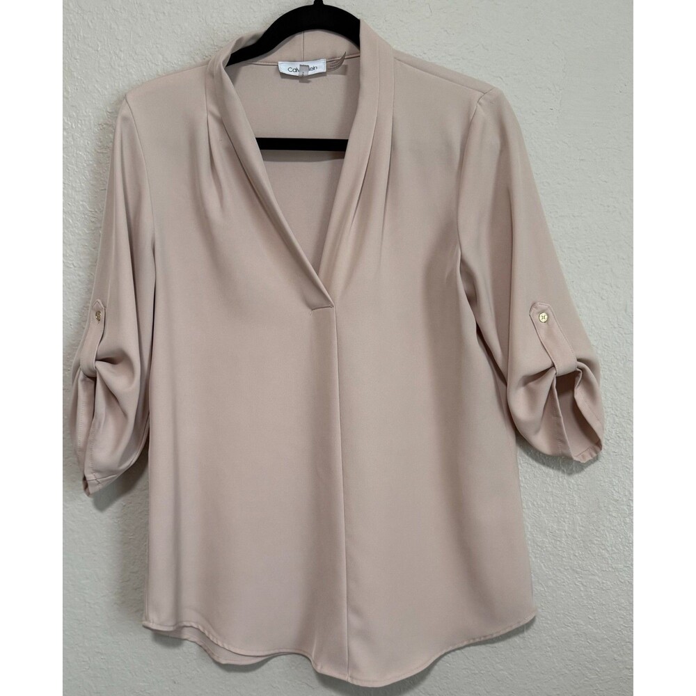Calvin Klein Women's Blush Pink V- Neck Roll-Tab Sleeve Blouse